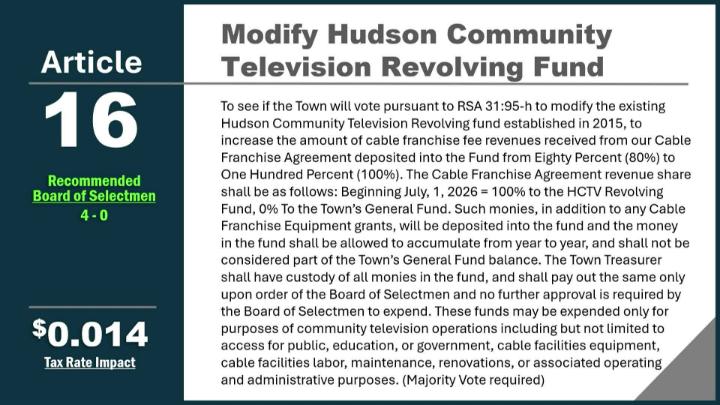 Thumbnail image for 2026 Town Warrant Article 16 - Modify Hudson Community Television Revolving Fund